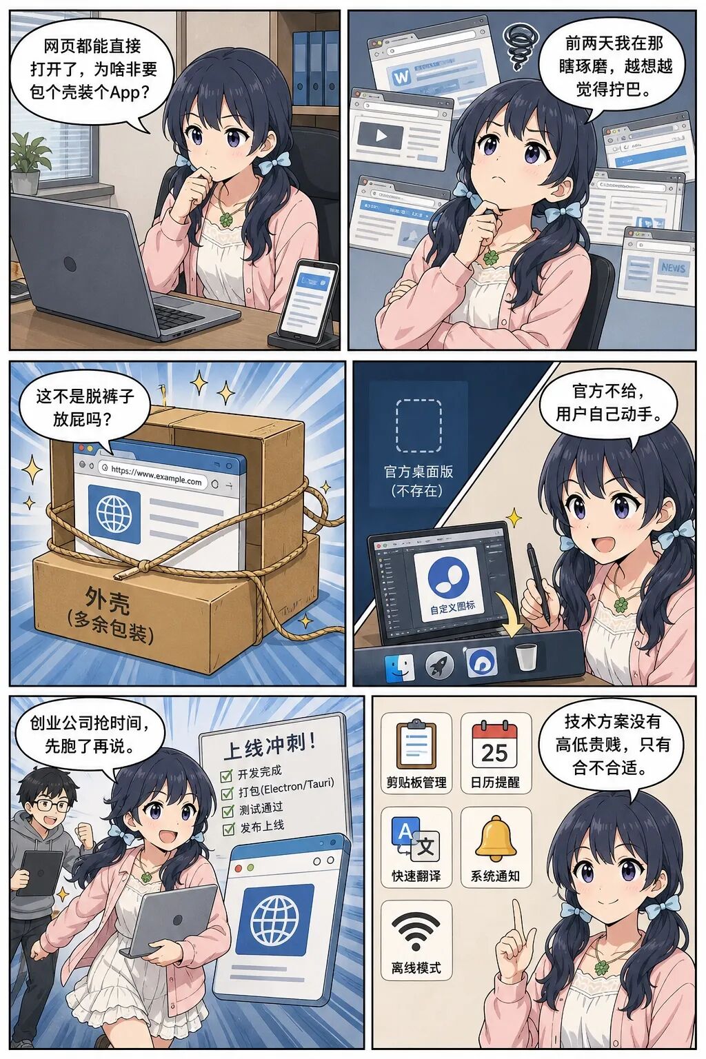 # 网页都能直接打开了，为啥非要包个壳装个App？凌云&nbsp;

前两天我在那瞎琢磨，越想越觉得拧巴。

一个东西，浏览器里输个网址就能用，怎么还有人非得给它套个壳，做成个正儿八经的App，还得下载安装？这不是脱裤子放屁吗？

后来我把身边见过的例子挨个捋了一遍，发现还真不是人家闲得慌。至少有三类情况，套壳这事儿，实打实是刚需。

## 场景一：官方不给，用户自己动手

微信读书、YouTube Music，你跑去官网找桌面版？找不到。人家压根没打算给你出。

可偏偏就有那么一撮人，死活想要个能钉在Dock栏里的图标，想要能按一下alt-tab就切过去的独立窗口，想要不用在一堆浏览器标签页里扒拉半天就能摸到的东西。

这算不上什么生存刚需，这是强迫症的刚需。但你别小看这种强迫症，它恰恰是产品体验的最后一公里。你说功能一模一样，网页能干的事桌面版全能干，可用户就是觉得，桌面版"更像那么回事儿"。

挺玄学的。同一套代码，同一个接口，换个壳，用户心里的那杆秤就偏了。

## 场景二：创业公司抢时间，先跑了再说

正经做个桌面端，尤其是原生那种，成本真不低。Windows一套，Mac一套，适配、签名、上架、分发，哪一环都得砸钱砸时间。

创业公司哪有这个闲工夫。网页先怼出来，再用Electron或Tauri糊一层壳，一周之内就能扔到市场上试试水。用户一看，"哟，是个App"，付费意愿和信任感蹭蹭就上去了，公司这边成本几乎可以忽略不计。

说白了，就是用壳子换时间。等产品路子走通了，要不要回头搞真正的原生端，那都是后话了。

## 场景三：小工具的"秒开"和"离线"

这条我自己感触最深。

像剪贴板管理、快速翻译、日历提醒这类小工具，网页版天生有个硬伤——你得先打开浏览器，再找到标签页，才能用。这一套动作下来，人就懒了。

桌面端不一样。全局快捷键一按，窗口"唰"地弹出来，用完"唰"地消失。这种召之即来挥之即去的爽感，网页给不了。

还有离线化和本地化。网页离了网基本就是个摆设，桌面端可以把数据缓存在本地，甚至完全断网跑。这对工具类产品尤其要命——你总不能指望一个"随手记"的用户，还得先检查一下Wi-Fi信号。

## 除了这三条，我还多想了点

聊完这三类，我又往下挖了挖，发现套壳这事儿底下还藏着几层小心思。

**第一层，抢个显眼的位置。**

网页塞进浏览器书签，跟装进桌面Dock栏，完全是两种存在感。书签一年都不一定点开一次，图标天天在你眼前晃。好多SaaS公司明明产品全在网页上跑，非要包个"桌面版"，图的不是技术，就是让你天天看得见，忘不掉。

**第二层，借系统的手，伸进网页够不着的地方。**

网页有沙箱关着，很多东西碰不到——系统级通知、深度文件访问、多窗口管理、开机自启、全局快捷键、剪贴板监听、系统托盘常驻。壳子起的作用，就是把这些系统权限偷偷借给里头的网页用。

**第三层，自己占一个进程，不跟别人抢。**

包成App之后，这个"网页"就有了自己的独立进程，不会跟浏览器里另外二十个标签页抢内存抢渲染，也不会因为你手滑刷新了一下页面，就把辛苦填了一半的状态搞丢了。对那些需要长时间挂着的工具来说，这条是实打实的救命稻草。

**第四层，也是特别现实的一条——看着像那么回事。**

用户看见一个网页，心里总犯嘀咕："这不就是个网站嘛，说不定哪天就没了。"
同样的东西，换成App Store里能下载的图标，用户立马觉得"这是个正经产品"，愿意信你，愿意掏钱，愿意长期用。

这层心理加成，纯粹是包装带来的，但对转化率的影响，真金白银摆在那。

## 画张图理一下逻辑